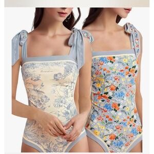 Tie-Shoulder Floral One-Piece Swimsuit - Light Blue reversible
